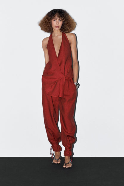 Crimson Halter Neck Asymmetric Top & Harem Pants Set