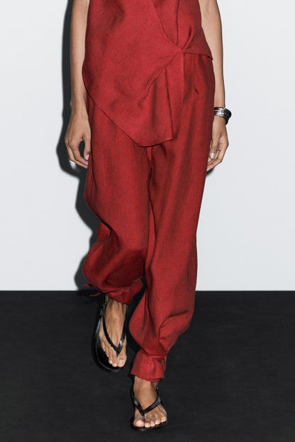 Crimson Halter Neck Asymmetric Top & Harem Pants Set