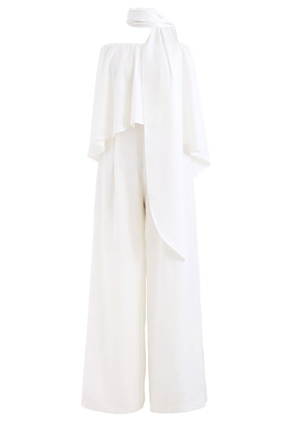 Off-Shoulder Flap Scarf Chiffon White Jumpsuit