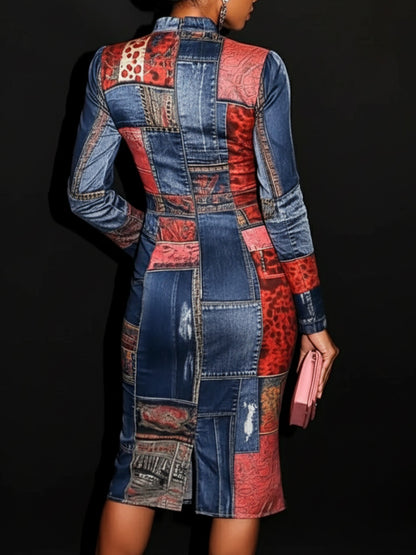 sheenchic Daily Blue Denim Print High Collar Long Sleeve Bodycon Casual Midi Dresses [Pre-Order]