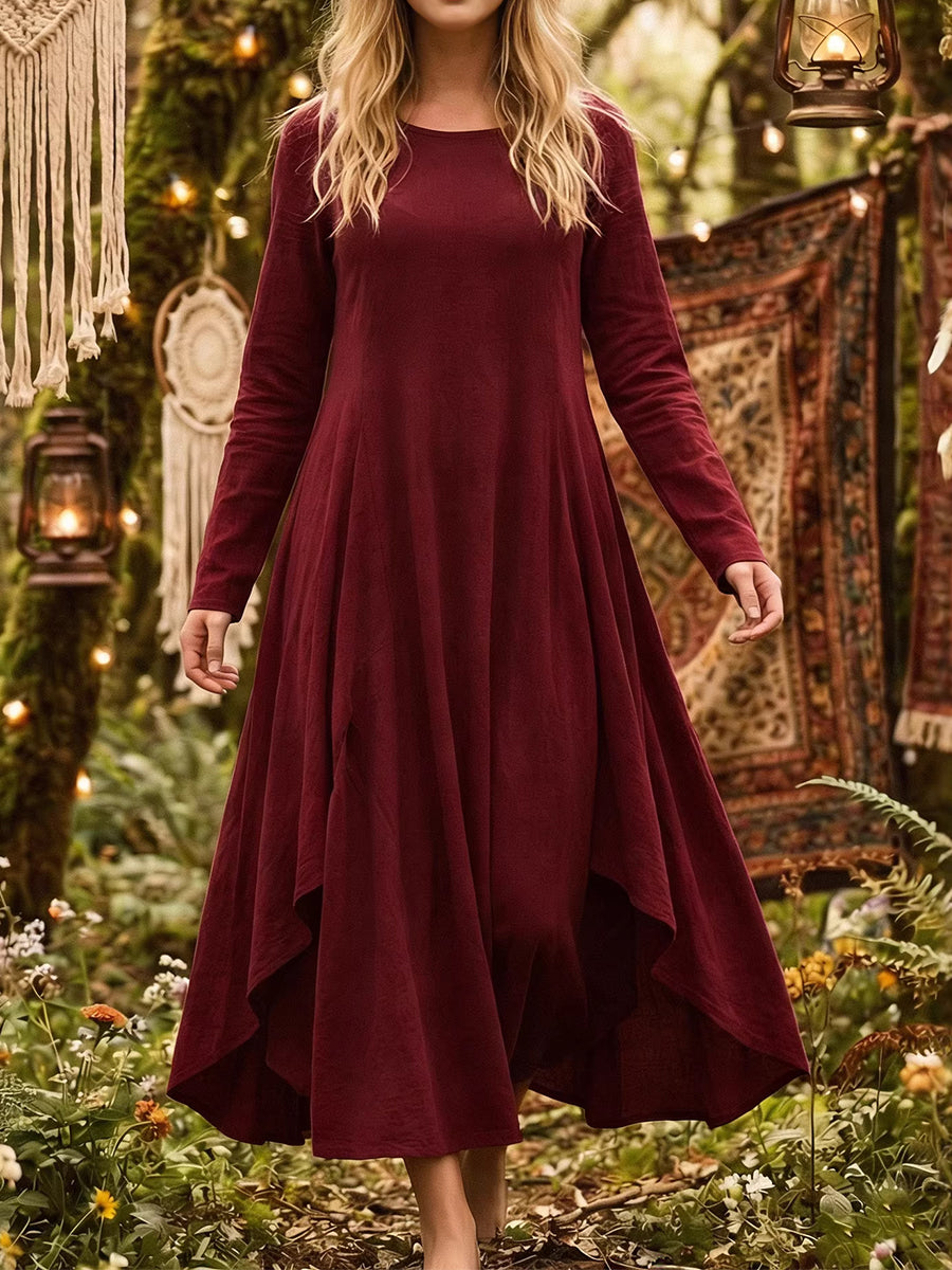 Vacation Blue Round Neck Long Sleeve Asymmetric Hem Vintage Ruffled Linen Maxi Dresses