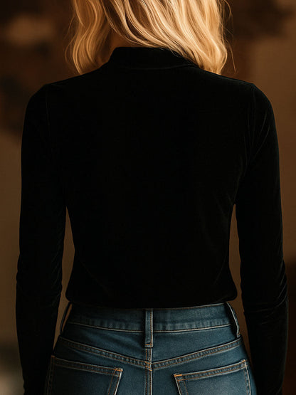 Elegant V-neck Embroidery Velvet Long Sleeves Top