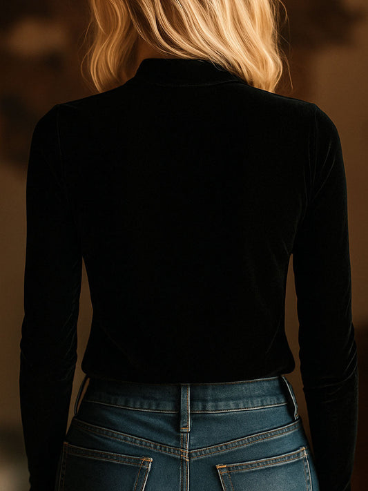 Elegant V-neck Embroidery Velvet Long Sleeves Top