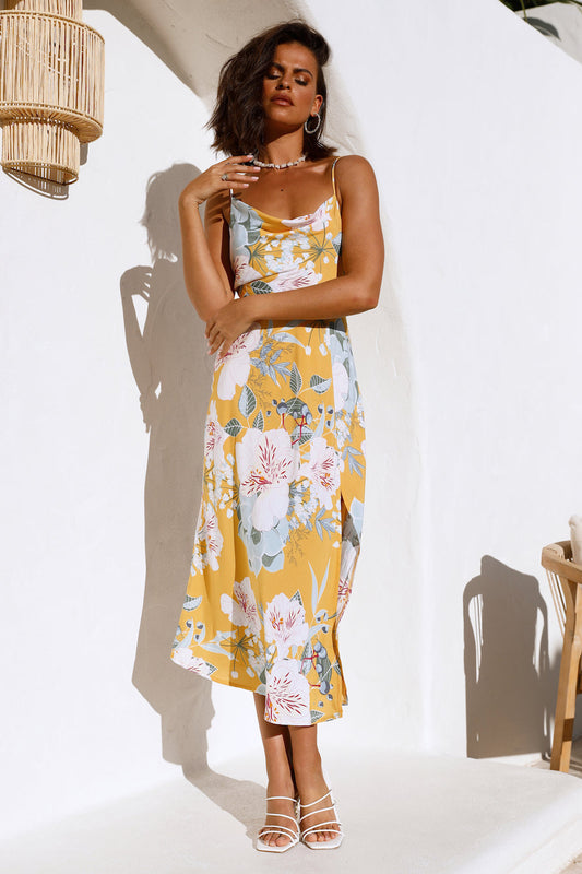 Vacation Square Neck Sleeveless Floral High Split Cami Maxi Dress