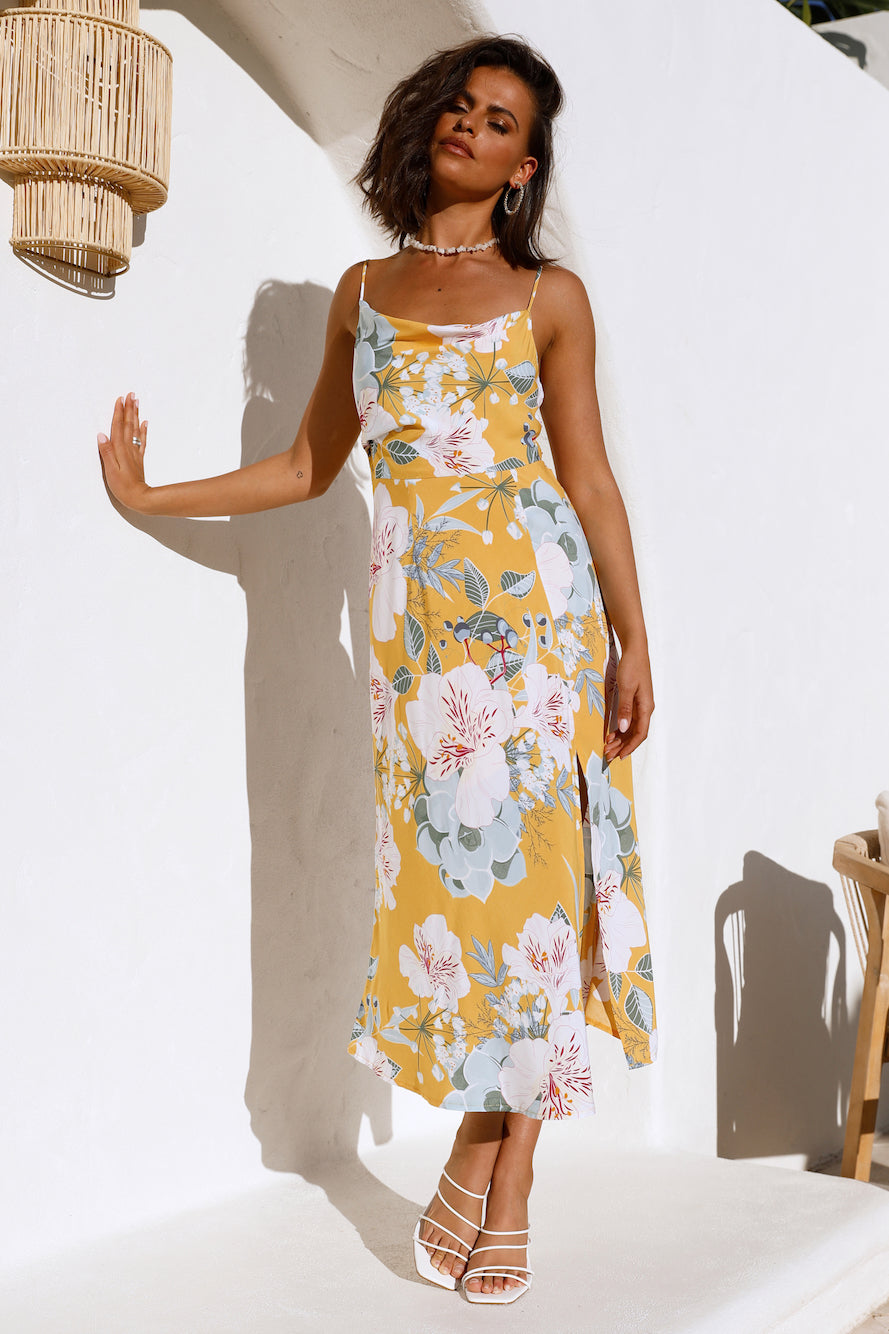 Vacation Square Neck Sleeveless Floral High Split Cami Maxi Dress