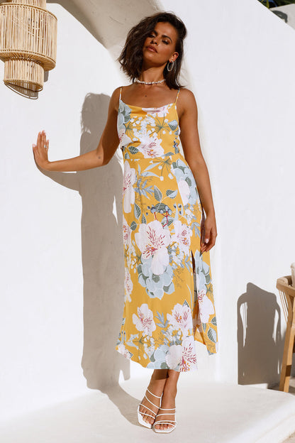 Vacation Square Neck Sleeveless Floral High Split Cami Maxi Dress