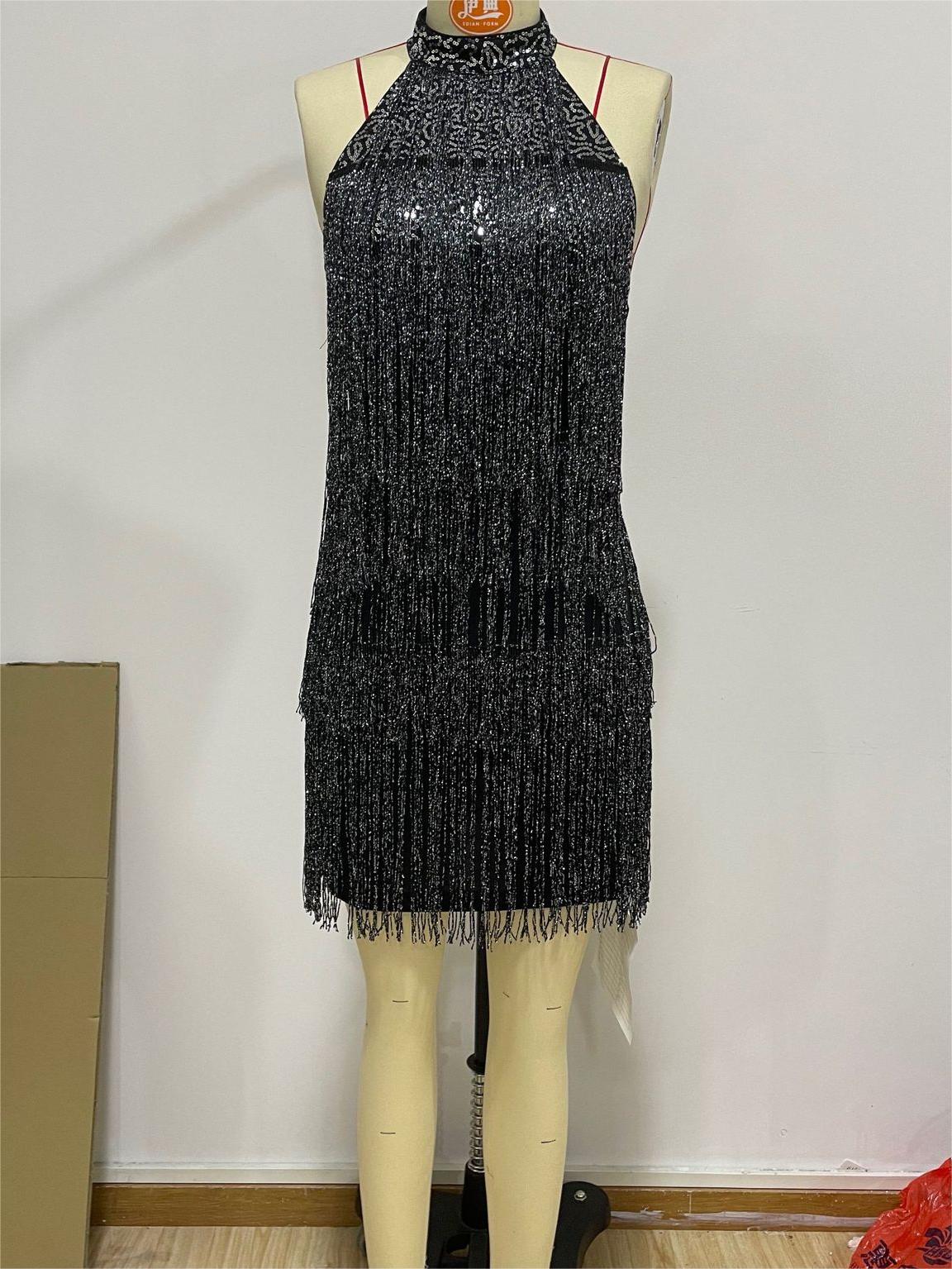 Low Cut V neck Chest Sequined Material Back Cross Strap Dress