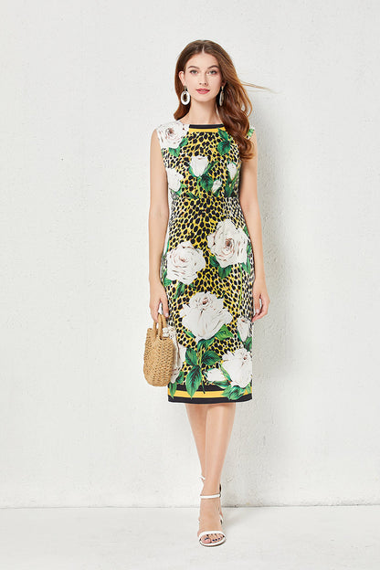 Vacation Crew Neck Floral A Line Midi Dress