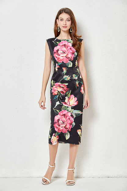 Vacation Crew Neck Floral A Line Midi Dress