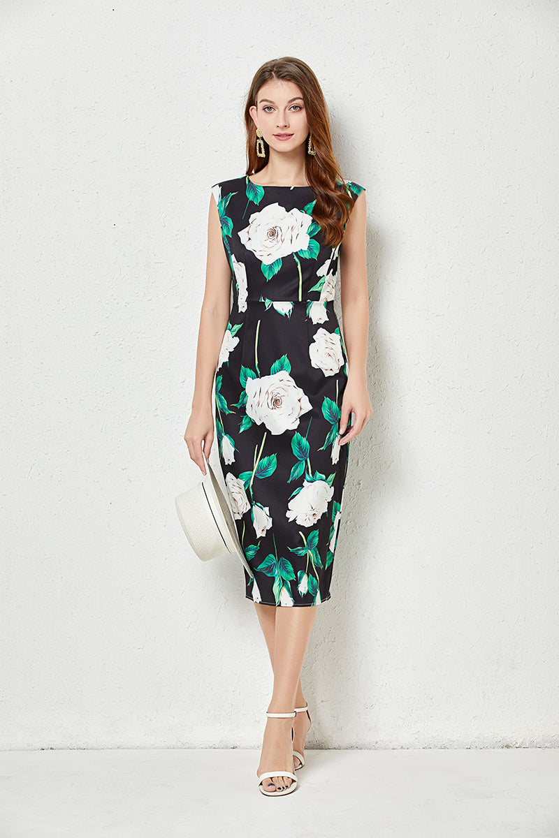 Vacation Crew Neck Floral A Line Midi Dress