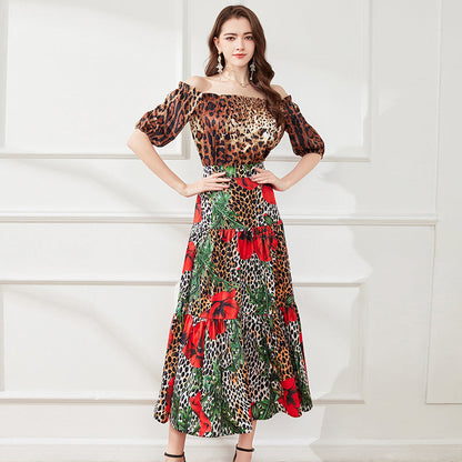 off shoulder Leopard Print Short Sleeve Top Leopard Print Flower Big Dress Two piece Set