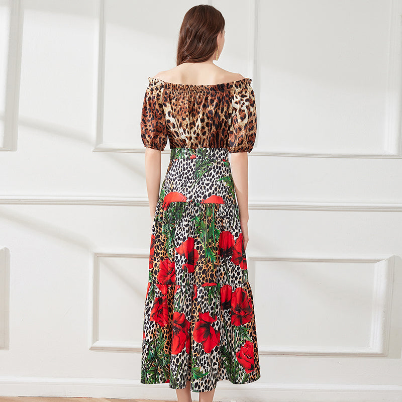 off shoulder Leopard Print Short Sleeve Top Leopard Print Flower Big Dress Two piece Set