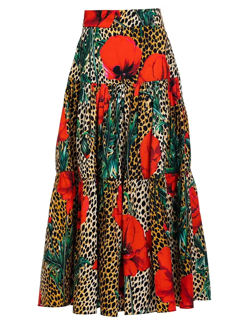 off shoulder Leopard Print Short Sleeve Top Leopard Print Flower Big Dress Two piece Set