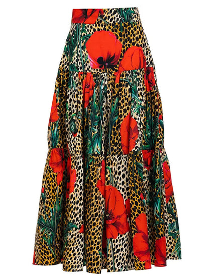 off shoulder Leopard Print Short Sleeve Top Leopard Print Flower Big Dress Two piece Set