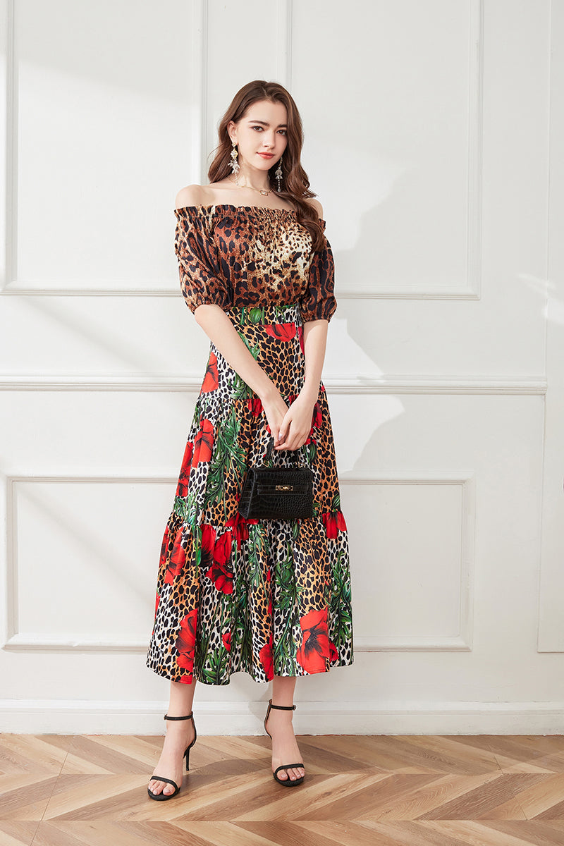 off shoulder Leopard Print Short Sleeve Top Leopard Print Flower Big Dress Two piece Set