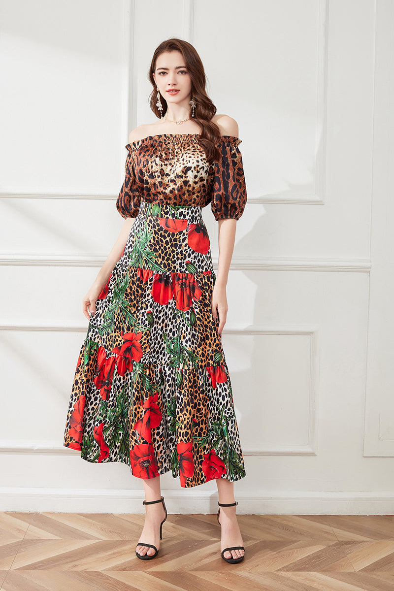 off shoulder Leopard Print Short Sleeve Top Leopard Print Flower Big Dress Two piece Set