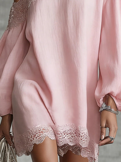 sheenchic Vacation Pink Oblique Collar Lantern Sleeve Long Sleeve Contrast Boho Mini Dresses [Pre-Order]