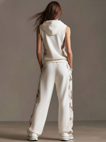 Sporty Retro Floral Velvet Patchwork White Sleeveless Hooded Sweatshirt And Pants Set