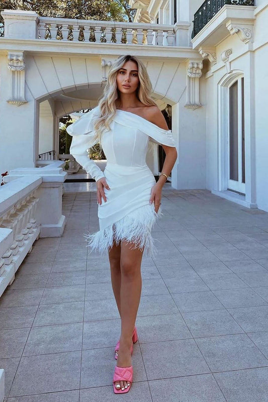 French One - Shoulder Feather Mini Dress