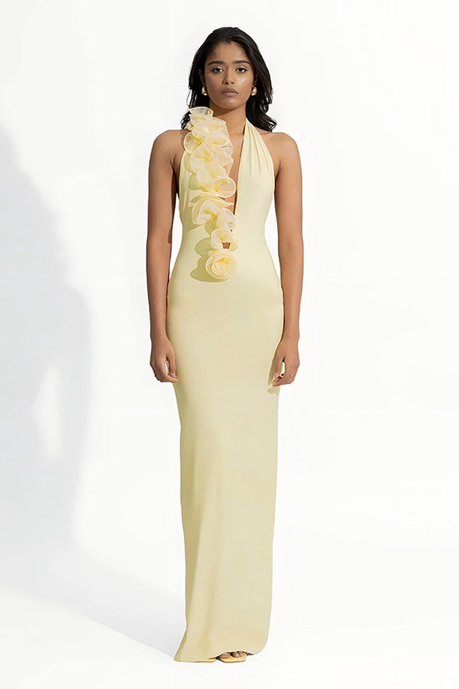 Asymmetry Lemon 3D Floral Halter Maxi Dress