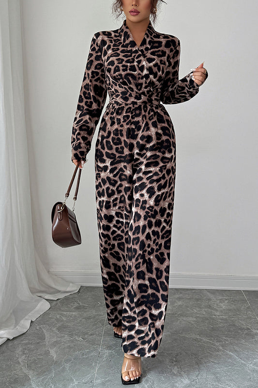 Fashionable Leopard Print Long-sleeved High-waisted Casual Wide-leg Jumpsuit