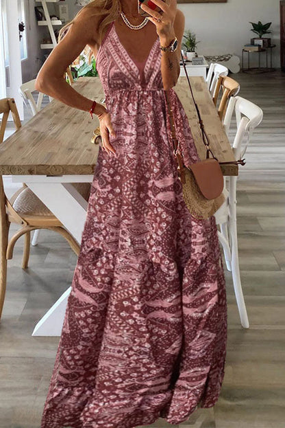 Vestidos largos con cintura elástica y tirantes estampados estilo bohemio celeste 