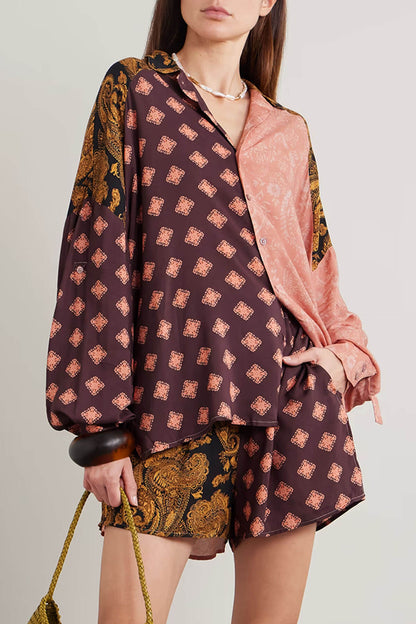 Exquisite Two-Tone Printed Loose Shirt And Pockets Elastic-Waist Shorts Set