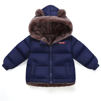 Girls' Cute Bear Ears Fleece Coat - Long Sleeve Winter Jacket with Cardigan Collar, Full-Zip Front Closure, Warm Padded Hooded Coat for Boys & Girls, Cozy Fall/winter Outerwear With Pockets (solid Color, Casual Style, Regular Fit, Hand Washable)