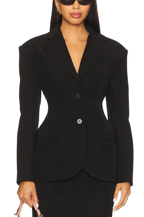 Blazer elegante con solapa y bolsillo, manga larga, hombros acolchados y cintura ajustada para vacaciones 