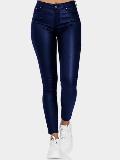 Casual Solid High Rise PU Leather Pencil Pants