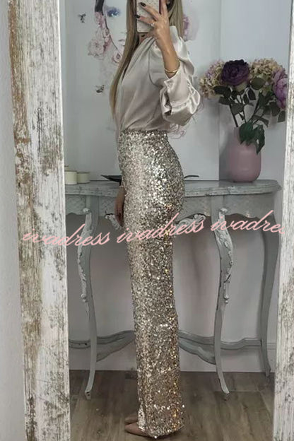 Glitzy Glamour Sequin High Rise Elastic Waist Wide Leg Pants