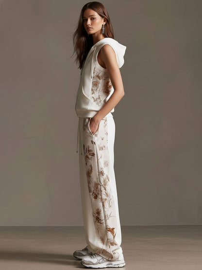 Sporty Retro Floral Velvet Patchwork White Sleeveless Hooded Sweatshirt And Pants Set