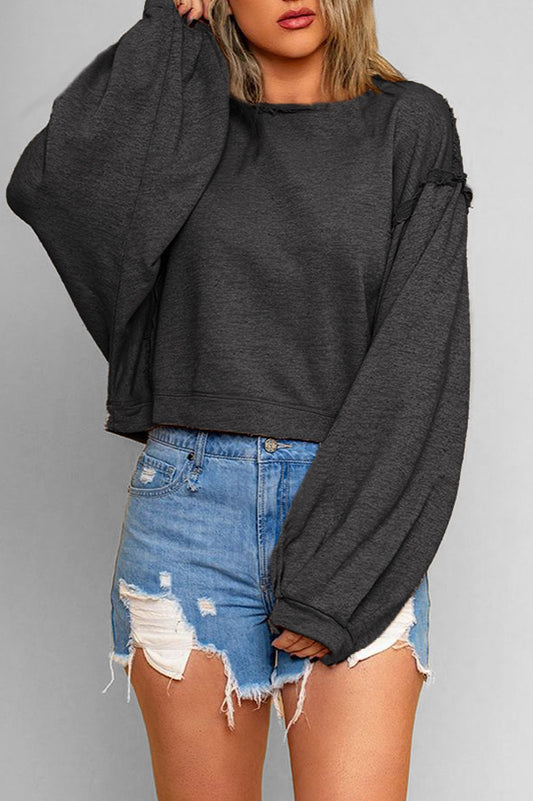 Lantern Sleeve Solid Color Round Neck Raw Edge Hoodie