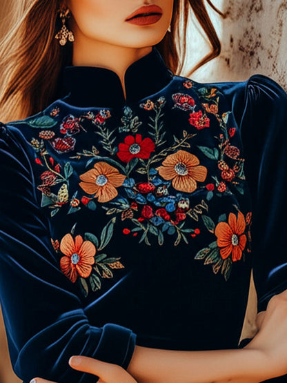 Elegant Stand Collar Embroidery Velvet Long Sleeves Top