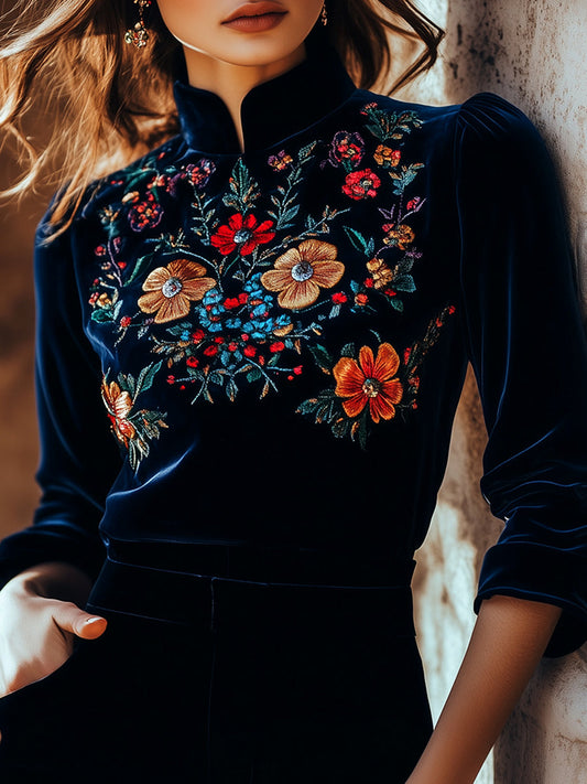Elegant Stand Collar Embroidery Velvet Long Sleeves Top