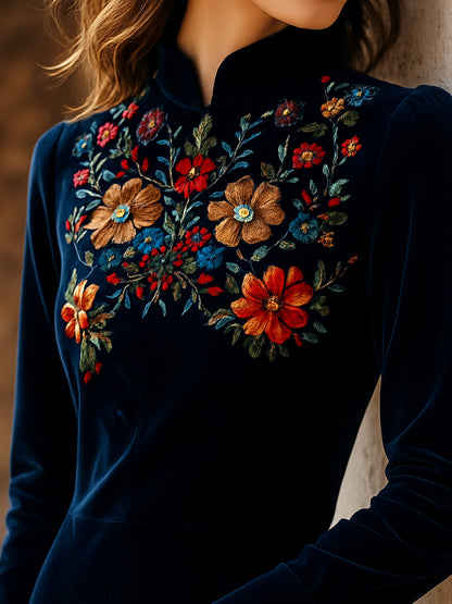Elegant Stand Collar Embroidery Velvet Long Sleeves Top