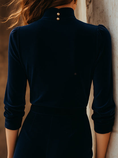 Elegant Stand Collar Embroidery Velvet Long Sleeves Top