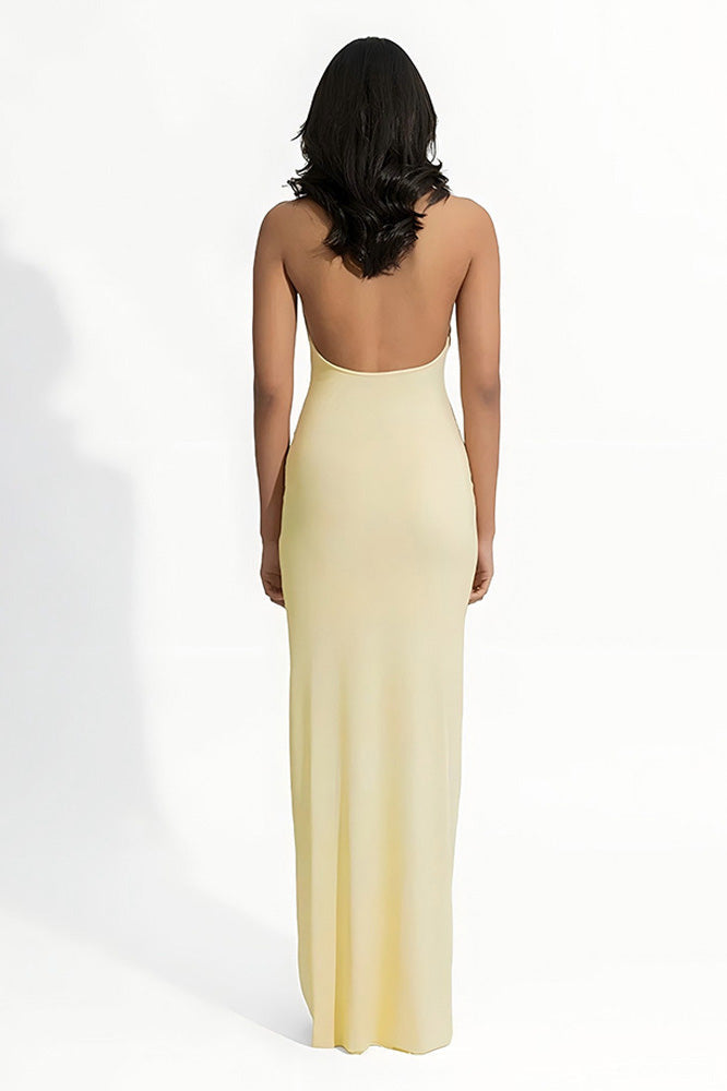 Asymmetry Lemon 3D Floral Halter Maxi Dress