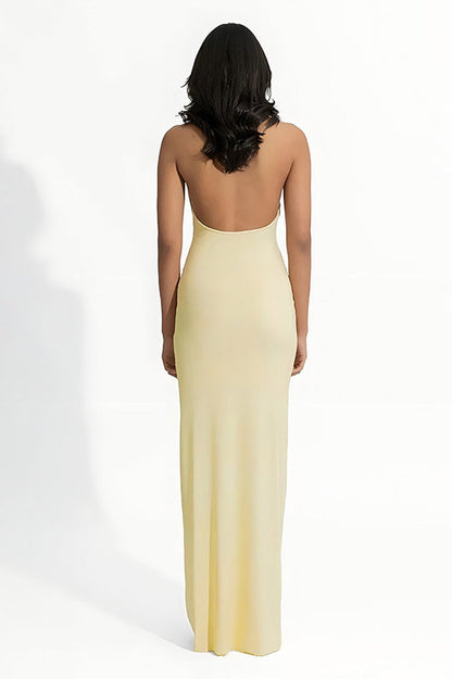 Asymmetry Lemon 3D Floral Halter Maxi Dress