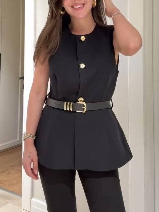 Minimalist Vest And Flared Pants Suit-Vest