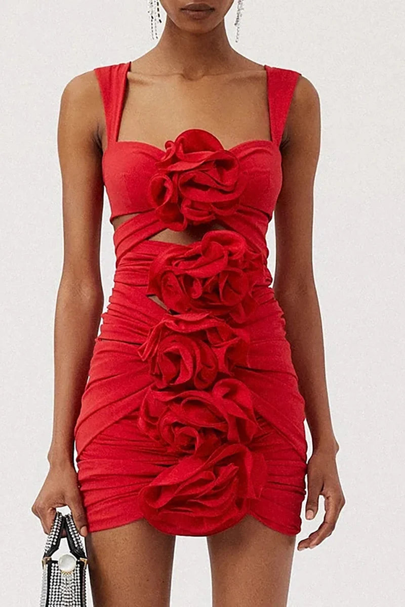 Red Cutout Floral Appliqué Strappy Swimsuit