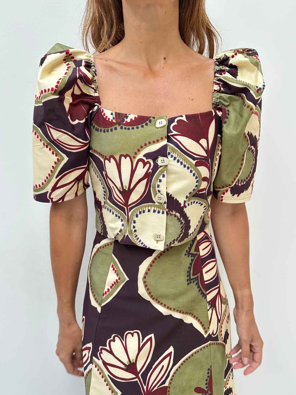 Elegant Retro Floral Puff Sleeve Skirt Two-Piece Set