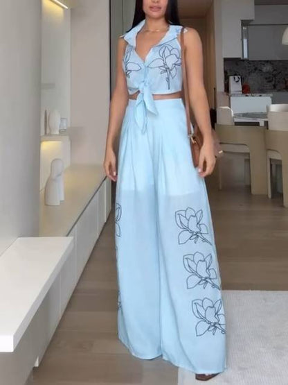 Shirt Collar Backless Top And Wide Pants Suit