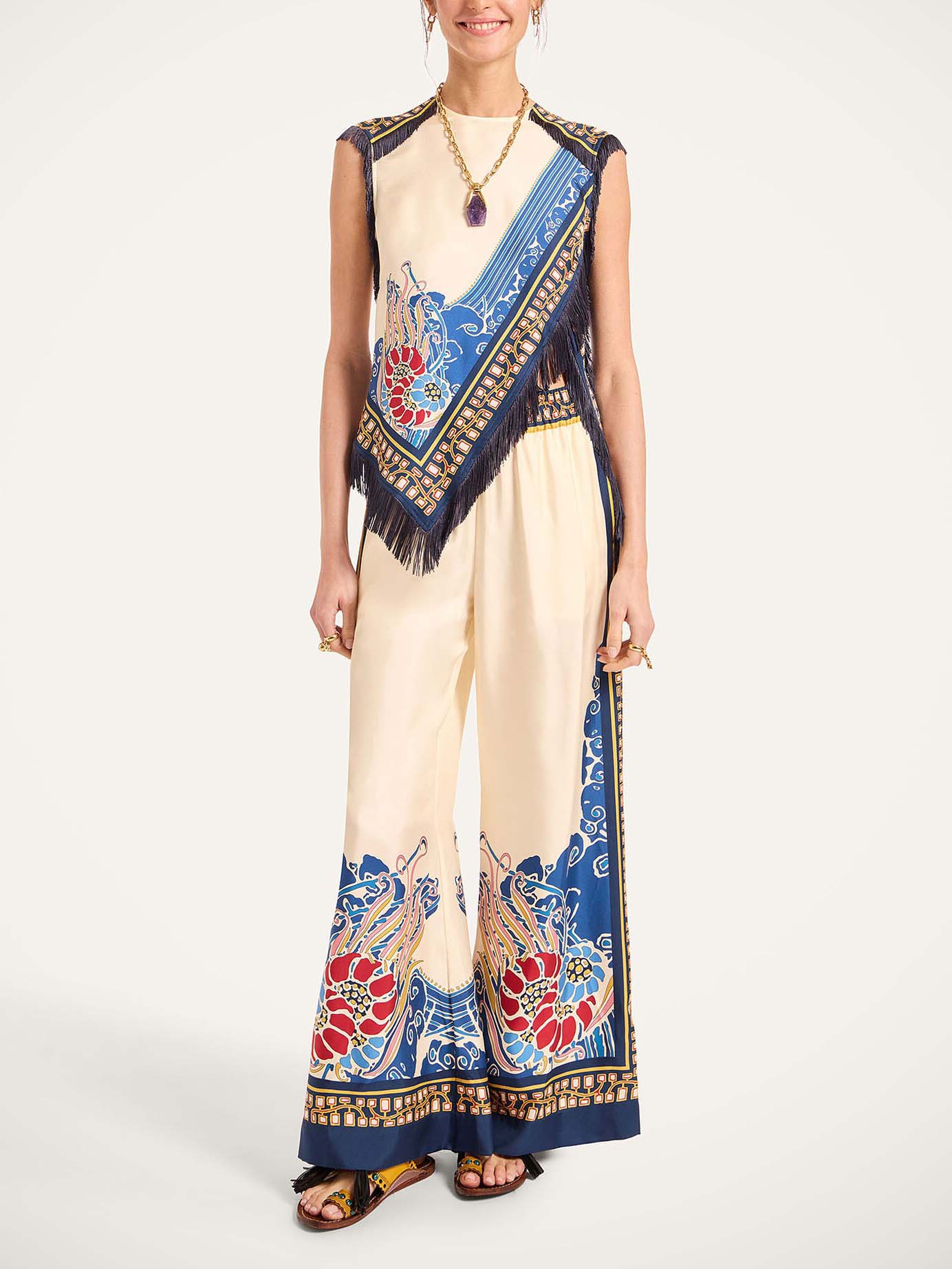 Elegant Bohemian Print Vest With Tassels Two-Piece Set