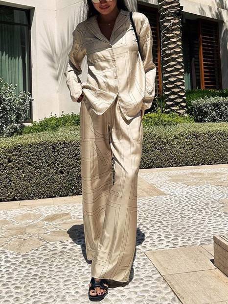 Geometric Letter Print Shirt Wide Leg Suit-Shirt