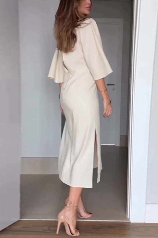 Vestido midi informal de color liso con escote en V, media manga y lazo en la cintura 