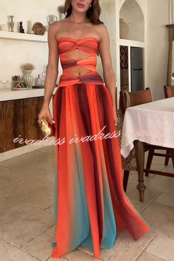 Vestido largo de vacaciones con hombros descubiertos, aberturas torcidas y estampado de malla Sardinia Sunset