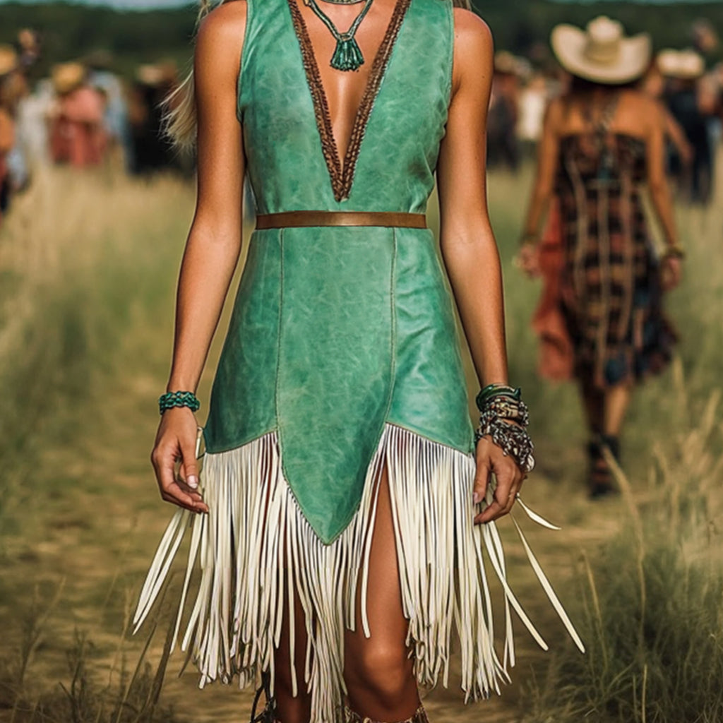 sheenchic Western Patterned Deep V Neck Sleeveless Fringe Midi Dress