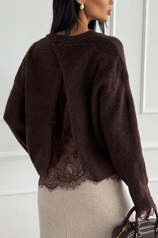 Suéter holgado de manga larga con abertura en la espalda y ribete de encaje de punto de Caitlin 