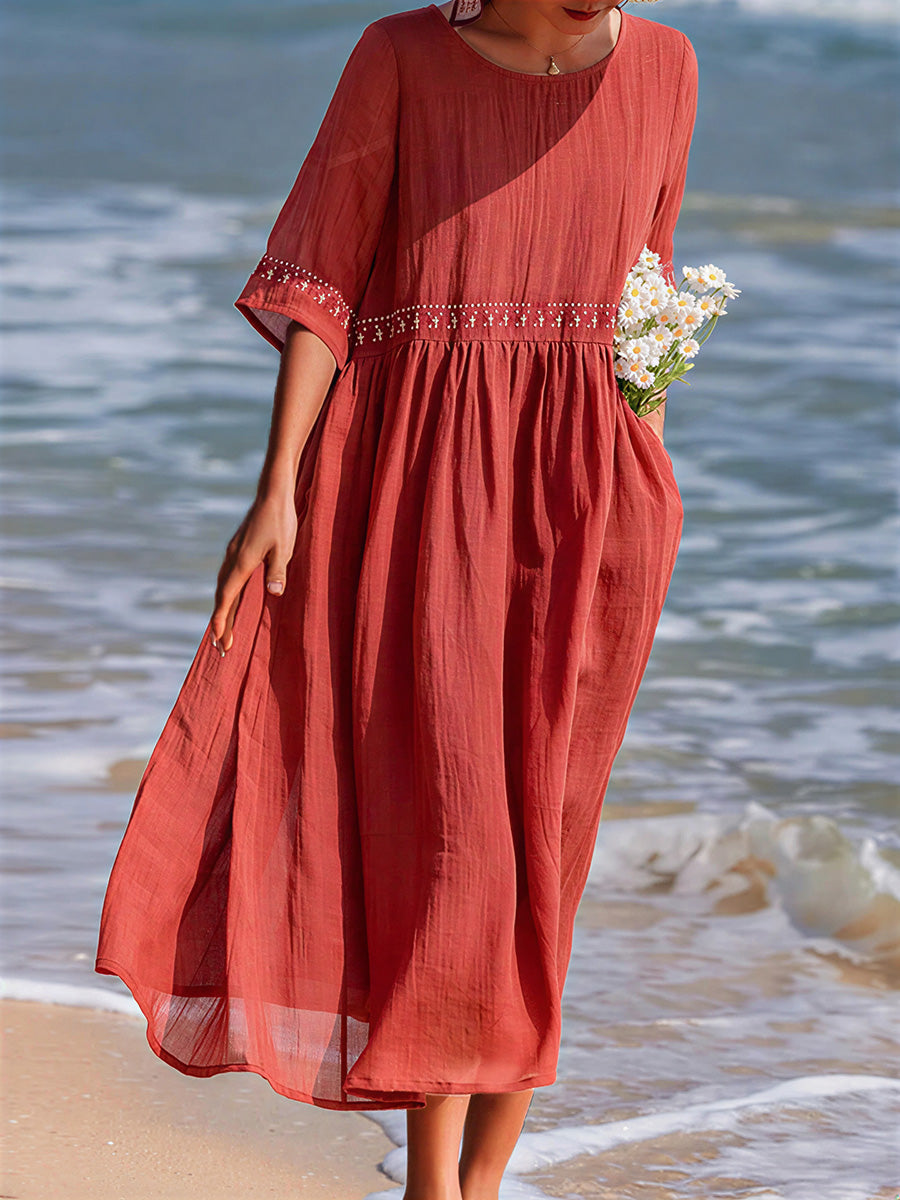 sheenchic Vacation White Round Neck Half Sleeve Pocket Casual Linen Maxi Dresses [Pre-Order]